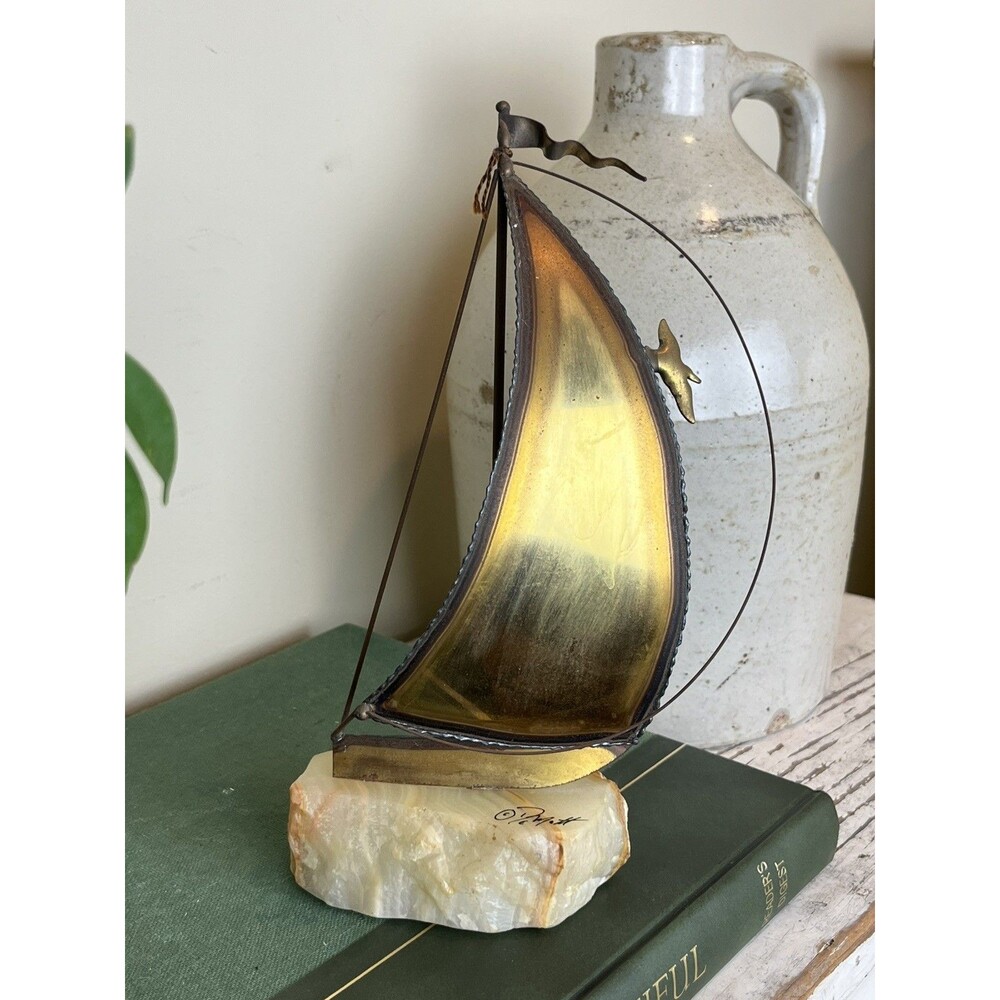 Vintage MCM John DeMott Sailboat Sculpture Nautical Boat Seagull Rock Base